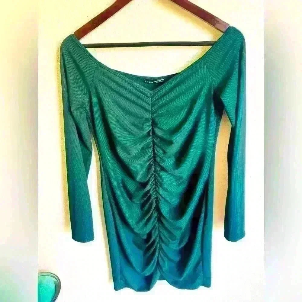 SHEIN Body Con Off-the-Shoulder Ruched Green Dress Size: Large